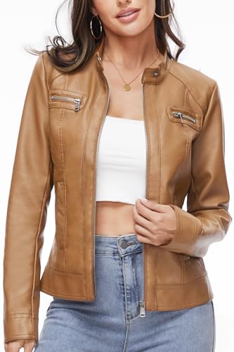 Fahsyee Women's Faux Leather Jackets, Zip Up Motorcycle Short PU